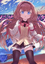 1girl atatatatame01 black_hairband black_shirt black_skirt black_thighhighs blue_eyes blue_sky blurry blush brown_cardigan cardigan check_commentary collared_shirt commentary commentary_request cowboy_shot dice hairband highres jacket long_hair long_sleeves looking_at_viewer miniskirt nijisanji open_clothes open_jacket open_mouth outdoors pink_hair pleated_skirt school_uniform selene_girls_school_uniform shirt sidelocks skirt sky solo standing suo_sango tareme thighhighs very_long_hair virtual_youtuber white_jacket