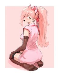 1girl absurdres alternate_costume alternate_hairstyle ass blush border breasts brown_gloves brown_thighhighs chainsaw_man demon_horns dress elbow_gloves feet full_body garter_straps gloves hair_over_one_eye hair_ribbon hat highres horns long_hair looking_at_viewer looking_back medium_breasts neas57 no_shoes nurse nurse_cap on_ground open_mouth pink_background pink_dress pink_hair pink_horns ponytail power_(chainsaw_man) red_ribbon ribbon seiza shadow short_dress short_sleeves sitting soles solo symbol-shaped_pupils thighhighs toes very_long_hair white_border yellow_eyes