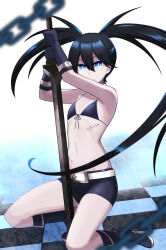 1girl absurdres belt bikini black_gloves black_hair black_rock_shooter black_rock_shooter_(character) black_shorts blue_eyes boots chain checkered_floor front-tie_bikini_top front-tie_top gloves highres long_hair no_shirt row_(kentaro_0904) scar shorts solo swimsuit sword twintails uneven_twintails weapon