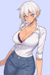 1girl black_bra bra breasts cleavage closed_mouth collarbone collared_shirt dark-skinned_female dark_elf dark_skin denim elf grey_hair highres jeans large_breasts looking_at_viewer mole mole_on_breast nokaa_aru original pants partially_unbuttoned pointy_ears purple_background purple_eyes shirt short_hair short_sleeves simple_background smile solo underwear white_shirt