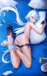 1girl absurdres ahoge antique_phone ass barefoot bed_sheet blue_eyes blue_footwear blue_gloves blush breasts commentary crossed_ankles dorsiflexion feet feet_up from_above full_body furina_(genshin_impact) genshin_impact gloves hair_between_eyes hair_intakes highres hugging_object indoors legs long_hair looking_at_viewer lying nail_polish on_bed on_stomach panties phone pillow pillow_hug puppnet rotary_phone shoe_dangle shoes single_shoe single_sock small_breasts socks soles thigh_strap thighs toenail_polish toenails toes topless_female underwear very_long_hair wedgie white_hair white_panties white_socks