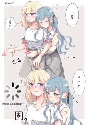 ! 2girls bang_dream! bang_dream!_it&#039;s_mygo!!!!! black_ribbon blonde_hair braid closed_mouth commentary_request grey_skirt hair_between_eyes hair_ribbon highres hug hug_from_behind incest loading_icon long_hair medium_hair misumi_uika multiple_girls partially_translated purple_eyes ribbon rousei shirt sidelocks skirt spoilers togawa_sakiko translation_request white_shirt yellow_eyes