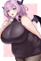Rule 34 | 1girl, agano mai, arm behind back, black pantyhose, breasts, covered navel, demon wings, dress, finger to mouth, fishnet pantyhose, fishnets, green eyes, horns, huge breasts, indie virtual youtuber, open mouth, pantyhose, plump, pointing, pointing at self, purple hair, ribbed sweater, shirt, short hair, sleeveless, sleeveless dress, sleeveless shirt, solo, standing, sweater, sweater dress, tongue, turo ta turo, virtual youtuber, wings