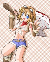 1girl 2000s_(style) axe bad_id bandana belt blacksmith_(ragnarok_online) blonde_hair blue_eyes blue_shorts breasts brown_background brown_belt brown_gloves brown_shoes collared_shirt commentary_request crop_top fingerless_gloves foot_out_of_frame gloves goggles goggles_on_head heart heart_tattoo holding holding_axe looking_at_viewer medium_breasts midriff navel nitoro_(nasenaru) open_mouth plaid_background ragnarok_online red_bandana shirt shoes short_hair short_shorts shorts shoulder_tattoo sleeveless sleeveless_shirt smile solo tattoo tied_shirt underboob white_shirt