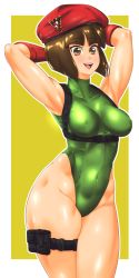 1girl absurdres arms_up bare_legs bare_shoulders bob_cut border brown_eyes brown_hair cammy_white cammy_white_(cosplay) cosplay curvy fingerless_gloves gloves green_leotard hat highleg highleg_leotard highres leotard lips omiiverse open_mouth ranma_1/2 shiny_skin short_hair simple_background smile solo standing street_fighter street_fighter_v swimsuit tendou_nabiki white_background white_border wide_hips