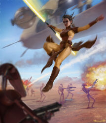 1girl artist_name b1_battle_droid bastila_shan battle belt blue_sky bodysuit boots brown_belt brown_footwear brown_hair day double_bladed_lightsaber energy_sword gun highres holding holding_gun holding_sword holding_weapon jumping lightsaber long_hair midair mironishin-story motion_blur outdoors pelvic_curtain sky star_wars star_wars:_knights_of_the_old_republic sword watermark weapon yellow_bodysuit yellow_lightsaber