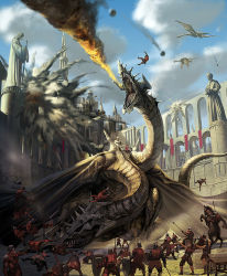 6+boys arch battle breath_weapon breathing_fire castle debris destruction dragon epic explosion fire horse horseback_riding male_focus multiple_boys noba pixiv_fantasia pixiv_fantasia_5 polearm riding shield smoke statue sword weapon