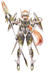 Rule 34 | 1girl, absurdres, anen routia, armor, armored boots, black bodysuit, bodysuit, boots, breasts, closed mouth, full body, hand on own hip, headgear, helmet, highres, holding, holding polearm, holding weapon, indie virtual youtuber, large breasts, long hair, mecha musume, mechanical wings, mytea (soso), orange hair, polearm, ponytail, skin tight, smile, solo, spear, standing, tachi-e, transparent background, very long hair, virtual youtuber, weapon, wings