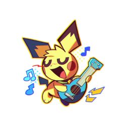 animal_focus blush chibi chibi_only closed_eyes commentary creatures_(company) full_body game_freak gen_2_pokemon happy instrument musical_note nintendo no_humans open_mouth outline petzcatz2 pichu pokemon pokemon_(creature) pokemon_ranger pokemon_ranger_3 simple_background smile solo symbol-only_commentary ukulele ukulele_pichu white_background yellow_outline