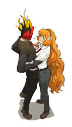 1girl 1other absurdres brown_hairband clock dante_(limbus_company) exadcr95 fire flaming_head freckles hairband highres ishmael_(project_moon) limbus_company necktie object_head orange_hair other_with_female project_moon red_necktie white_background