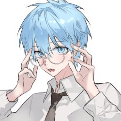Rule 34 | 1boy, arms up, bespectacled, black necktie, blue eyes, blue hair, collared shirt, commentary request, glasses, grey-framed eyewear, hair behind ear, hair between eyes, highres, kuroko no basuke, kuroko tetsuya, long sleeves, looking to the side, male focus, necktie, open mouth, round eyewear, shirt, short hair, sideways glance, simple background, solo, teeth, tongue, upper body, white background, white shirt, wing collar, yuuuuuue131