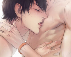Rule 34 | 19 tian, 2boys, adam&#039;s apple, black hair, blush, bracelet, commentary request, he tian, jewelry, licking, licking nipple, lips, male focus, mo guan shan, multiple boys, nipple stimulation, nipples, nose, nude, short hair, simple background, skinny, sweat, umary, upper body, white background, yaoi