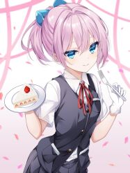 1girl black_vest blue_eyes cake character_request cowboy_shot food fork gloves gradient_background high_ponytail hikobae holding holding_fork kantai_collection ponytail purple_hair shirt simple_background smile solo strawberry_shortcake vest white_gloves white_shirt