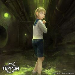 1girl blonde_hair blue_eyes capcom child headband highres mizore_akihiro official_art resident_evil resident_evil_2 scared school_uniform sewer sherry_birkin short_hair shorts socks teppen water