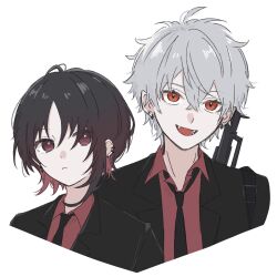Rule 34 | 1boy, 1girl, black hair, black necktie, black suit, closed mouth, cropped torso, earrings, fangs, formal clothes, gradient hair, grey hair, gun, highres, jewelry, kisaragi ren (vtuber), kuzuha (nijisanji), mole, mole under eye, multicolored hair, necktie, nijisanji, open mouth, pointy ears, red eyes, red hair, red shirt, shirt, short hair, simple background, suit, two-tone hair, unimaru go, virtual youtuber, vspo!, weapon, white background