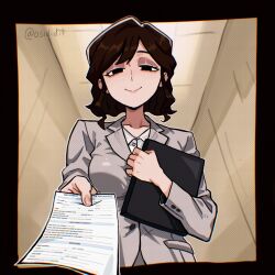 Rule 34 | 1girl, araki saori, black eyes, brown hair, closed mouth, commentary, english commentary, formal clothes, grey jacket, grey suit, highres, holding, holding paper, holding tablet pc, jacket, job application form (meme), looking at viewer, meme, office lady, osidid, paper, real life, scan, scan artifacts, shirt, smile, solo, suit, tablet pc, twitter username, white shirt