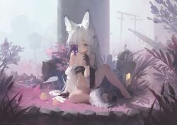 1girl absurdres animal_ear_fluff animal_ears arm_support azur_lane bare_legs barefoot black_gloves blue_eyes breasts chinese_commentary commentary_request feet fog fox_ears fox_tail full_body gloves hair_over_one_eye highres huge_filesize kasumi_(azur_lane) kasumi_1118 loli long_hair manjuu_(azur_lane) navel no_panties obi obijime open_mouth outdoors pillar ruins sash sitting small_breasts smile stomach swept_bangs tail toes torii very_long_hair white_hair