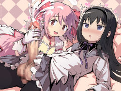1futa 1girl :&lt; ahegao akemi_homura akemi_homura_(magical_girl) assertive_female black_hair black_hairband blush bow bow_choker bubble_skirt buttons center_frills checkered_background chest_jewel choker closed_mouth cum cumdrip dress frilled_dress frilled_skirt frilled_sleeves frills futa_with_female futanari gloved_handjob gloves hair_between_eyes hair_bow hair_flip hairband hand_up handjob happy heart kaname_madoka kaname_madoka_(magical_girl) large_penis light_blush long_hair long_sleeves looking_at_penis magical_girl mahou_shoujo_madoka_magica mahou_shoujo_madoka_magica_(anime) medium_hair miniskirt on_bed pantyhose penis pink_dress pink_gemstone pink_hair projectile_cum puffy_short_sleeves puffy_sleeves purple_bow purple_eyes purple_skirt red_bow red_choker red_eyes shirt short_dress short_sleeves short_twintails skirt smile testicles tokiatm trembling twintails white_gloves white_skirt white_sleeves