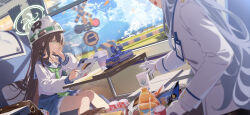 2girls absurdres bag blue_archive blue_skirt brown_bag brown_hair can character_request closed_mouth collarbone cup curtains day disposable_coffee_cup disposable_cup drink_can earphones flashlight gloves green_eyes green_neckerchief grey_hair hand_on_own_face hard_hat helmet highres hikari_(blue_archive) holding holding_stylus holding_tablet_pc id_card long_hair looking_outside model_train multiple_girls neckerchief nozomi_(blue_archive) open_mouth original railroad_crossing reflection road_sign school_bag school_uniform serafuku shirt sign sitting skirt soda_can stylus table tablet_pc train_interior vending_cart very_long_hair white_gloves white_shirt window xintianou