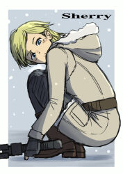 Rule 34 | 1girl, absurdres, blonde hair, blue eyes, closed mouth, full body, gloves, haldeco, highres, holding, holding weapon, looking at viewer, resident evil, resident evil 6, sherry birkin, short hair, solo, weapon