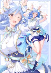1girl animal_ears arms_up blue_hair blue_shorts braid breasts brown_eyes full_body highres hololive hololive_idol_uniform_(bright) idol idol_clothes large_breasts long_hair mature_female napozouattop official_alternate_costume one_eye_closed pekomama rabbit_ears rabbit_girl rabbit_pose shirt shorts solo_focus twitter_username upper_body vest virtual_youtuber white_hair white_shirt white_vest zoom_layer