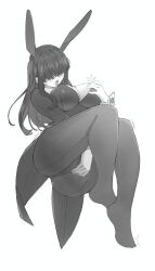 1girl absurdres blush breasts grabbing_own_breast greyscale hair_between_eyes hair_over_eyes highres hornfelstone implied_masturbation kakure_meme kimi_no_koto_ga_dai_dai_dai_dai_daisuki_na_100-nin_no_kanojo large_breasts leotard long_hair monochrome open_mouth playboy_bunny sexually_suggestive simple_background sketch solo thighhighs thighs white_background
