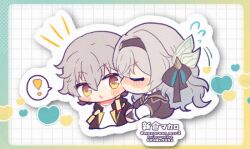 ! 1boy 1girl :o black_hair black_hairband blush bridal_gauntlets caelus_(honkai:_star_rail) closed_eyes firefly_(honkai:_star_rail) grey_hair hair_between_eyes hair_intakes hair_ornament hair_ribbon hairband heart honkai:_star_rail honkai_(series) jacket kiss kissing_cheek macaroon_mcr2 open_clothes open_jacket open_mouth ribbon shirt single_bridal_gauntlet trailblazer_(honkai:_star_rail) twitter_username white_shirt yellow_eyes