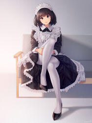 1girl a.x. absurdres black_dress black_shoes bloom brown_eyes brown_hair closed_mouth couch dress earrings eyebrows_hidden_by_hair flat_chest full_body grey_background highres holding_own_leg jewelry lipstick looking_at_viewer maid maid_headdress makeup on_couch original pantyhose shadow shoes short_hair short_twintails simple_background sitting smile solo twintails white_dress white_headdress white_pantyhose