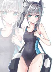 1girl animal_ear_fluff animal_ears bag black_one-piece_swimsuit blue_archive blue_eyes breasts chibi_ib competition_swimsuit covered_navel cowboy_shot cross_hair_ornament extra_ears grey_hair hair_ornament halo highres looking_at_viewer low_ponytail medium_breasts medium_hair mismatched_pupils multicolored_swimsuit official_alternate_costume one-piece_swimsuit ponytail shiroko_(blue_archive) shiroko_(swimsuit)_(blue_archive) solo standing swimsuit wolf_ears zoom_layer
