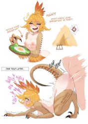1girl anger_vein arrow_(symbol) artist_name blonde_hair breasts dokibird_(vtuber) egg english_text feather_hair green_eyes hair_between_eyes heart heterochromia highres indie_virtual_youtuber kulu-ya-ku monster_hunter_(series) myth1carts nipples open_mouth orange_feathers plap red_eyes sex spoken_anger_vein tail talons tent trembling virtual_youtuber
