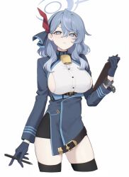 1girl ako_(blue_archive) bell belt_collar black_thighhighs blue_archive blue_eyes blue_gloves blue_hair blue_halo blue_jacket blue_ribbon bow_hairband breasts buttons clipboard closed_mouth collar commentary cropped_legs cuffs double-breasted earrings gloves hair_between_eyes hair_ribbon hairband hakuhatsu half_gloves halo highres holding holding_clipboard holding_pen jacket jewelry large_breasts long_hair long_sleeves looking_at_viewer miniskirt neck_bell open_clothes open_jacket pen pencil_skirt red_ribbon ribbon shackles shirt sideboob sideless_shirt sidelocks simple_background single_handcuff skirt solo stud_earrings thighhighs white_background white_shirt