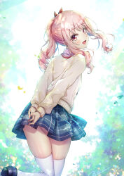 1other :d akiyama_mizuki androgynous arms_behind_back ass blurry blurry_background cardigan from_behind hair_ribbon highres long_hair long_sleeves looking_at_viewer looking_back miniskirt novady open_mouth outdoors pink_eyes pink_hair plaid_clothes plaid_skirt pleated_skirt ponytail project_sekai ribbon school_uniform sidelocks skirt smile solo thighhighs