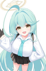 Rule 34 | 1girl, absurdres, ahoge, aqua hair, black skirt, blue archive, breasts, commentary request, green necktie, halo, highres, huge ahoge, large breasts, long hair, looking at viewer, necktie, open mouth, pleated skirt, shirt, simple background, skirt, solo, very long hair, white background, white shirt, wlswlp, yellow eyes, yellow halo, yume (blue archive)