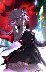 Rule 34 | 1girl, black flower, black gloves, evernight (honkai: star rail), flower, flower ornament, gloves, hair flower, hair ornament, hair over one eye, highres, holding, holding umbrella, honkai: star rail, honkai (series), march 7th (honkai: star rail), official alternate costume, official alternate eye color, one eye covered, red eyes, smile, solo, tanyaf2022, umbrella