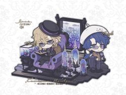 2boys blonde_hair blue_eyes blue_hair chair chibi chibi_only glasses hat multiple_boys original platinum_(o0baijin0o) simple_background watermark weibo_watermark