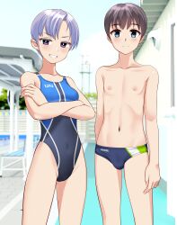 1boy 1girl absurdres age_difference androgynous black_hair black_one-piece_swimsuit blue_eyes blue_male_swimwear blue_sky breasts cloud commentary_request competition_swimsuit crossed_arms day grey_eyes grin highres male_swimwear multicolored_male_swimwear multicolored_swimsuit one-piece_swimsuit original outdoors purple_eyes short_hair sky small_breasts smile standing swim_briefs swimsuit takafumi variant_set