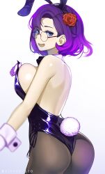 1girl absurdres animal_ears artist_name ass bare_shoulders black_leotard black_pantyhose blue_eyes blush bow bowtie breasts detached_collar fake_animal_ears fake_tail flower from_behind glasses gloves gradient_background hair_flower hair_ornament highres keiryuu_seo leotard looking_at_viewer looking_back open_mouth original pantyhose playboy_bunny purple_hair rabbit_ears rabbit_tail short_hair sideboob simple_background solo strapless strapless_leotard tail white_gloves white_wrist_cuffs wrist_cuffs