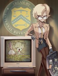 Rule 34 | 1girl, absurdres, blonde hair, briefcase, crt, glasses, gun, hammer, highres, internal revenue service, irs, nico jiang, office lady, pantyhose, red eyes, self-upload, semi-rimless eyewear, submachine gun, uzi, we love cold war, weapon