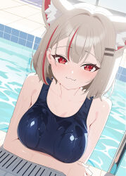 1girl absurdres animal_ear_fluff animal_ears arm_under_breasts bare_arms blue_one-piece_swimsuit cat_ears cat_girl closed_mouth grey_hair highres looking_at_viewer multicolored_hair neneko_mashiro one-piece_swimsuit pool red_eyes red_hair school_swimsuit schwarz_rubin smile solo stellive streaked_hair swimsuit upper_body virtual_youtuber water wet wet_clothes wet_swimsuit