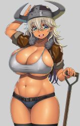 1girl arm_behind_head belt black_belt black_thighhighs blue_eyes blue_shorts breasts brown_hair brown_jacket cleavage covered_erect_nipples cowboy_shot cropped_jacket fake_horns fur-trimmed_jacket fur_trim grey_background grey_sports_bra helmet highres holding holding_shovel horned_helmet horns huge_breasts jacket long_hair looking_at_viewer micro_shorts navel original plump shiny_skin short_sleeves shorts shovel simple_background skindentation solo sports_bra stomach tan teeth thighhighs tsuji_santa underboob upper_teeth_only