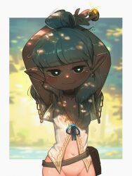 1girl absurdres arms_behind_head asimov_(spindle_(aidenr0)) belt blunt_bangs border borrowed_character bottomless breasts bright_pupils cleavage coin earrings gold_coin highres jewelry long_hair navel original pointy_ears porforever small_breasts smile wet wet_clothes white_border white_hair