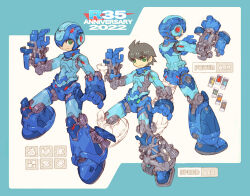 1boy android arm_cannon armor blue_border blue_gloves blue_headwear border brown_hair character_name reference_sheet clenched_hand closed_mouth concept_art copyright_name dated english_text full_body gloves green_eyes gun helmet joints looking_at_viewer machinery male_focus mechanical_arms mega_man_(character) mega_man_(classic) mega_man_(series) multiple_views nakayama_tooru redesign robot robot_joints science_fiction short_hair smile standing unworn_headwear unworn_helmet weapon white_background