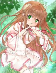 1girl :t absurdres ahoge blush bow braid breasts brown_hair closed_mouth commentary day dress eyes_visible_through_hair floating_hair flower frilled_dress frilled_sleeves frills green_eyes hair_between_eyes hair_flower hair_ornament hands_up highres juliet_sleeves kanbe_kotori kazamatsuri_institute_high_school_uniform long_hair long_sleeves looking_at_viewer medium_breasts miraikanai outdoors pink_dress pink_flower pout puffy_sleeves red_bow red_ribbon rewrite ribbon school_uniform sleeve_bow solo thighhighs twin_braids v-shaped_eyebrows very_long_hair white_thighhighs wide_sleeves x_fingers