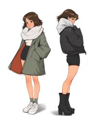1girl alternate_costume ass black_jacket black_skirt blush boots brown_eyes brown_hair clothes_grab contrapposto covering_own_mouth crop_top green_jacket green_socks hands_in_pockets highres jacket medium_hair miniskirt multiple_views original platform_boots sam_yang scarf shoes side-eyed simple_background skirt sneakers socks white_background white_scarf