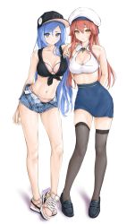 2girls arms_behind_back bare_arms bare_legs bare_shoulders baseball_cap beret black_footwear black_headwear black_shirt blue_eyes blue_hair blue_skirt borrowed_character bra breasts chaesu cleavage commentary crop_top denim denim_shorts full_body grey_legwear hair_between_eyes hand_on_another&#039;s_shoulder hat highres liliya_(kaetzchen) loafers long_hair looking_at_viewer medium_breasts midriff bae_minah_(chaesu) multiple_girls navel open_fly original pencil_skirt pink_bra pink_footwear pink_hair polka_dot polka_dot_bra shirt shoes short_shorts shorts simple_background skirt sleeveless sleeveless_shirt smile sneakers standing stomach thighhighs thighs tied_shirt underwear very_long_hair white_background white_headwear white_shirt yellow_eyes zettai_ryouiki