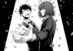 Rule 34 | 2boys, black shirt, black vest, closed eyes, collared shirt, confetti, dancing, fate/grand order, fate (series), floating crown, fujimaru ritsuka (male) (fgo fes. 2025), grin, hand on another&#039;s waist, highres, holding hands, long sleeves, looking at another, male focus, multiple boys, necktie, oberon (fgo fes. 2025) (fate), shikibreeki, shirt, smile, spotlight, star (symbol), teeth, upper body, upper teeth only, vest