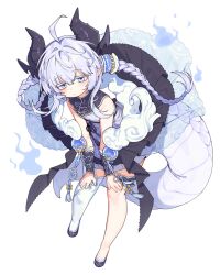 ahoge asymmetrical_legwear braid dragon_girl dragon_horns dragon_tail dress hair_between_eyes hair_ornament highres horns hufy large_tail original single_thighhigh tagme tail thigh_strap thighhighs twin_braids white_hair