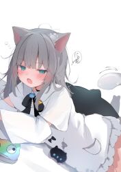 Rule 34 | animal ears, blue eyes, blush, bow, cat-shaped pillow, cat ears, cat girl, cat tail, commentary, fang, grey hair, hennyano (nachoneko), highres, indie virtual youtuber, looking at viewer, mecha neruko, nachoneko, open mouth, paw print, shadow, simple background, sleep mask, sleepy, speech bubble, tail, virtual youtuber