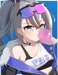 1girl black-framed_eyewear black_choker black_jacket black_ribbon black_tank_top blowing_bubble_gum blue-tinted_eyewear blue_background border breasts chewing_gum choker collarbone commentary_request crossed_bangs drill_hair drill_ponytail fur-trimmed_jacket fur_trim goggles goggles_on_head grey_hair hair_between_eyes hair_ribbon honkai:_star_rail honkai_(series) jacket long_hair long_sleeves looking_at_viewer medium_breasts open_clothes open_jacket open_mouth outside_border pink-tinted_eyewear ponytail purple_eyes purple_jacket ribbon sidelocks silver_wolf_(honkai:_star_rail) simple_background single_bare_shoulder solo tank_top tinted_eyewear two-sided_fabric two-sided_jacket upper_body w67732579 white_border white_tank_top zipper
