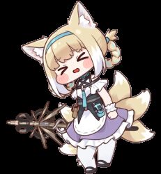 &gt;_&lt; 1girl animal_ears animated animated_gif arknights artist_request blue_hairband blush braid braided_hair_rings diyap_(style) dress fox_ears fox_girl fox_tail hair_rings hairband highres holding holding_staff infection_monitor_(arknights) kitsune kyuubi multiple_tails open_mouth pantyhose purple_dress simple_background solo staff suzuran_(arknights) tail transparent_background twin_braids variant_set white_pantyhose